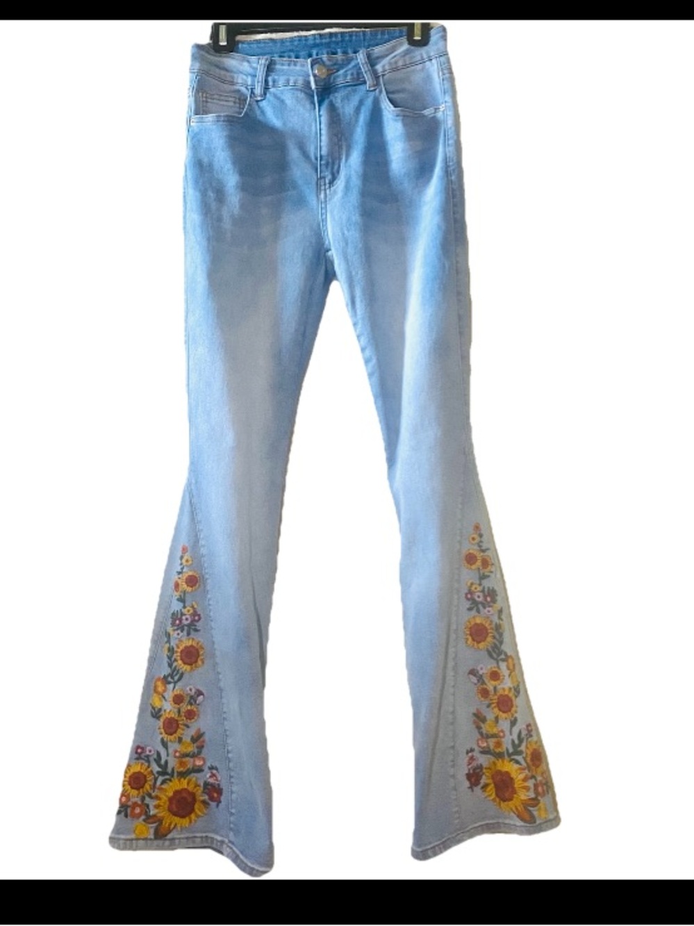 SHEIN Light Blue Flare Jeans with Yellow & Orange Sunflower Floral Embroidery SZ
